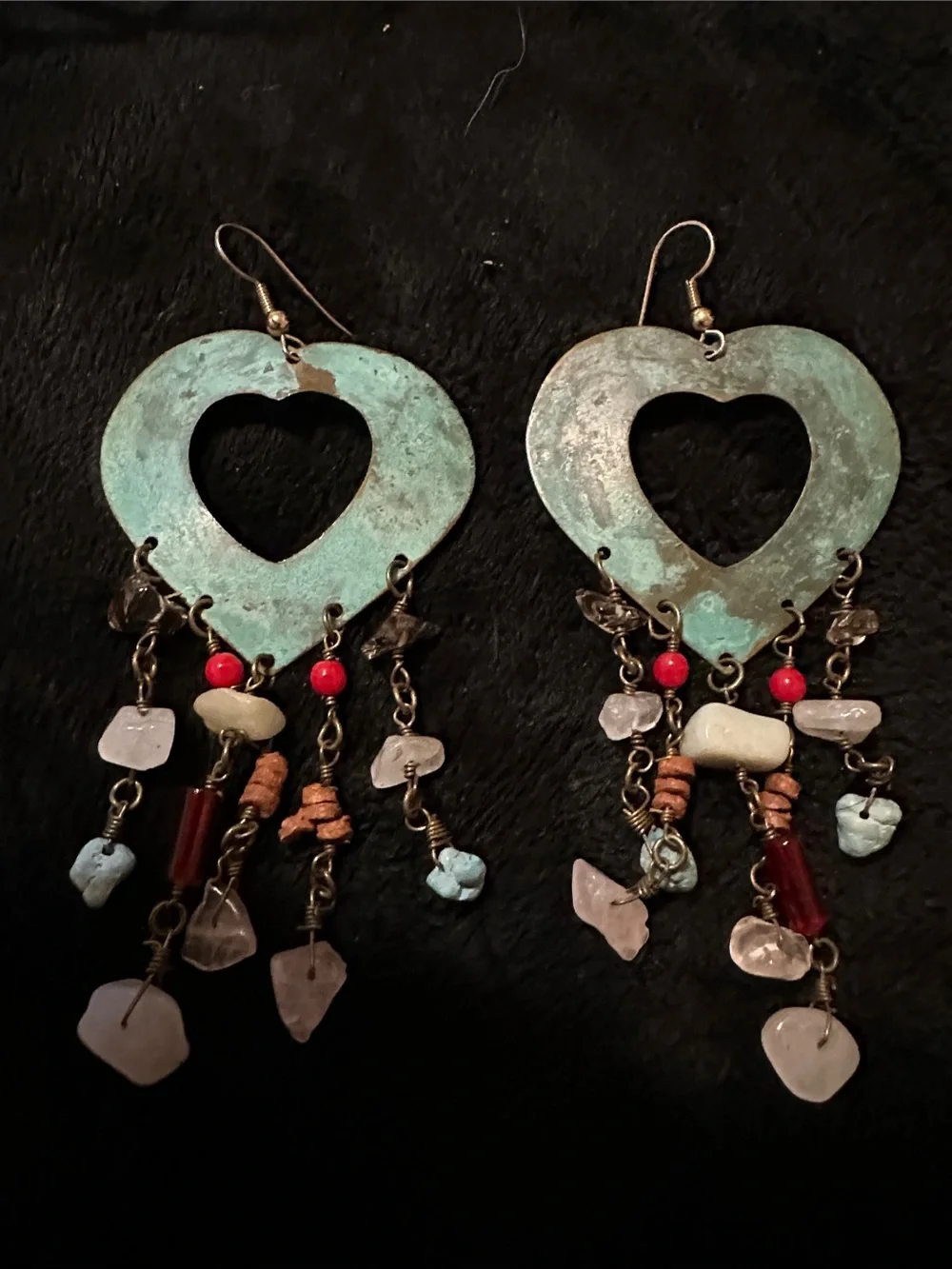 Bohemian Turquoise Patina Heart Dangle Earrings with Mixed Stone Beads